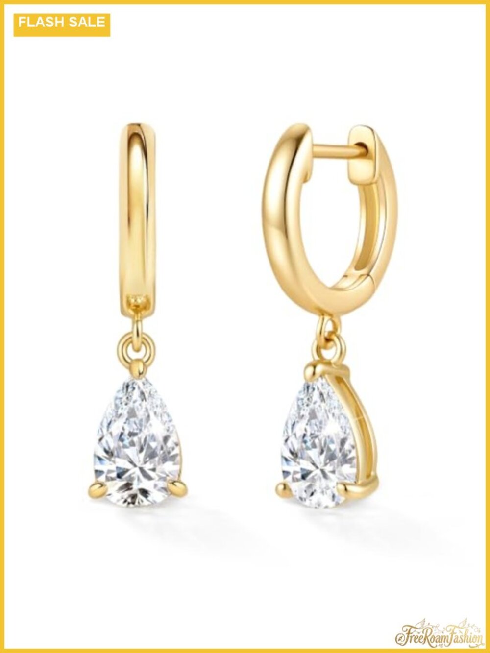 14K Gold Plated Cubic Zirconia Drop Earrings, Hypoallergenic Pear Huggies